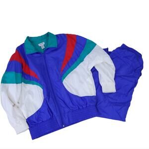 Vintage Lavon 1980s 2-Piece Windsuit Medium Blue Green Red, Costume Party